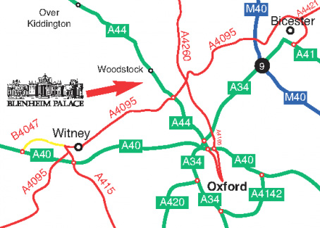 Blenheim Palace is located in Woodstock, on the A44 north of Oxford
